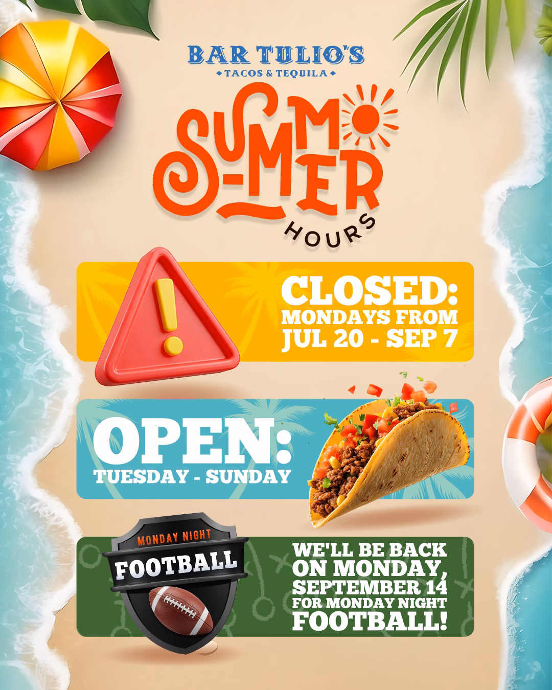 Bar Tulio's summer hours: closed Mondays from July 20 to September 7, open Tuesday through Sunday