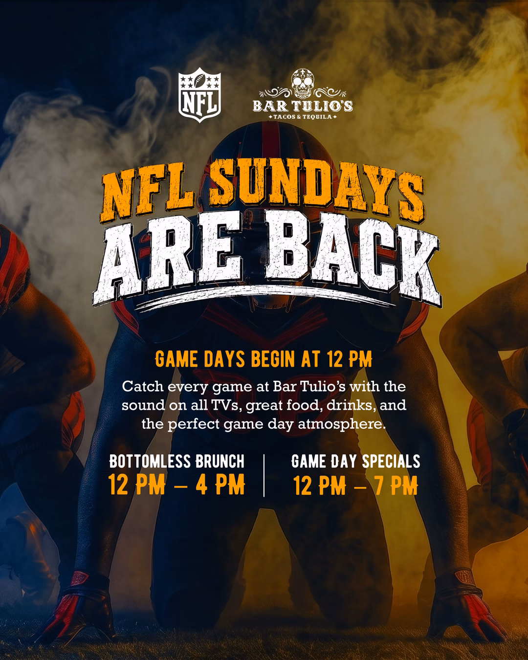 NFL Sundays at Bar Tulio's in Wynwood: game days from 12 PM, bottomless brunch and game day specials